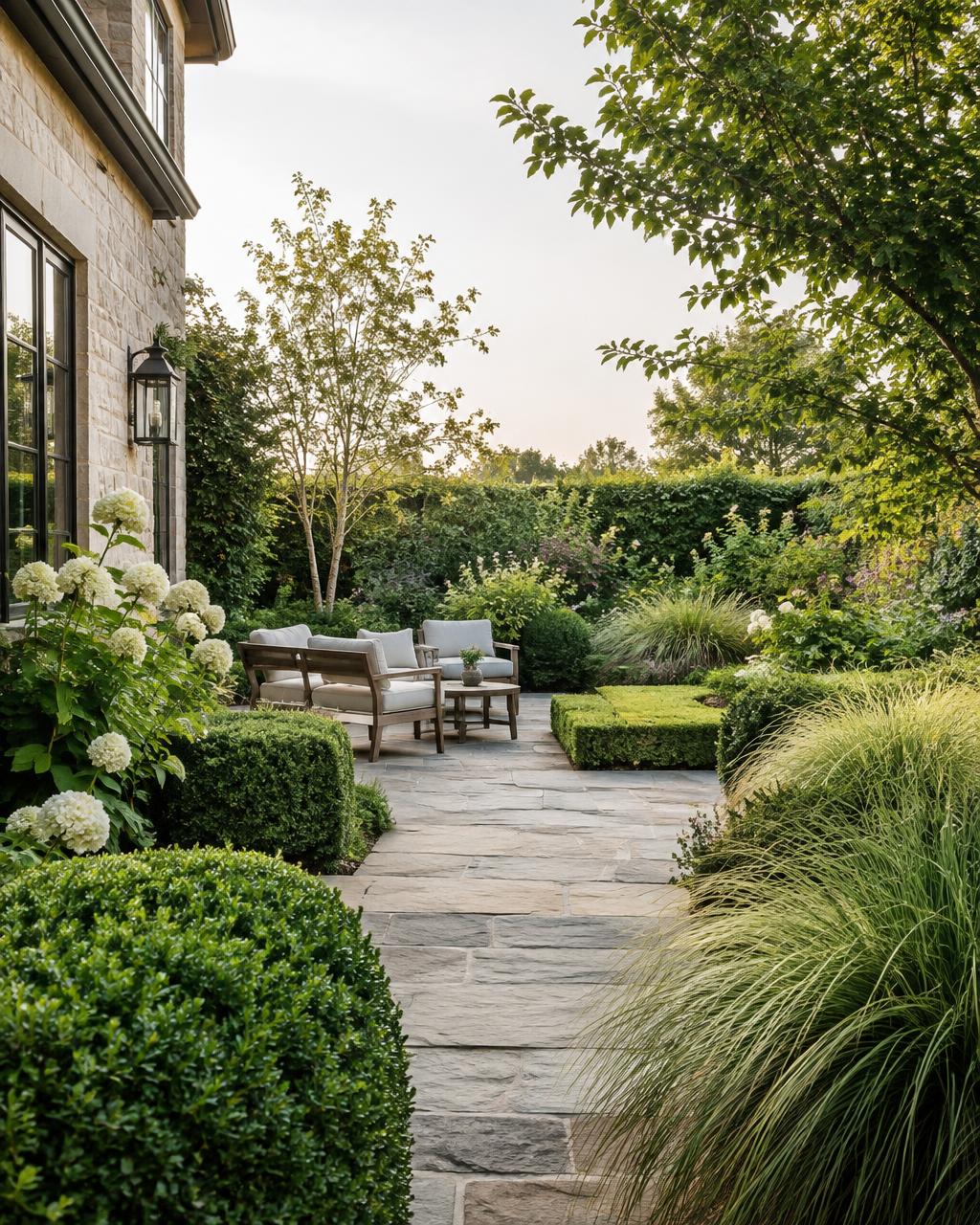 Stone patio garden with boxwood hedges, hydrangeas and ornamental grasses