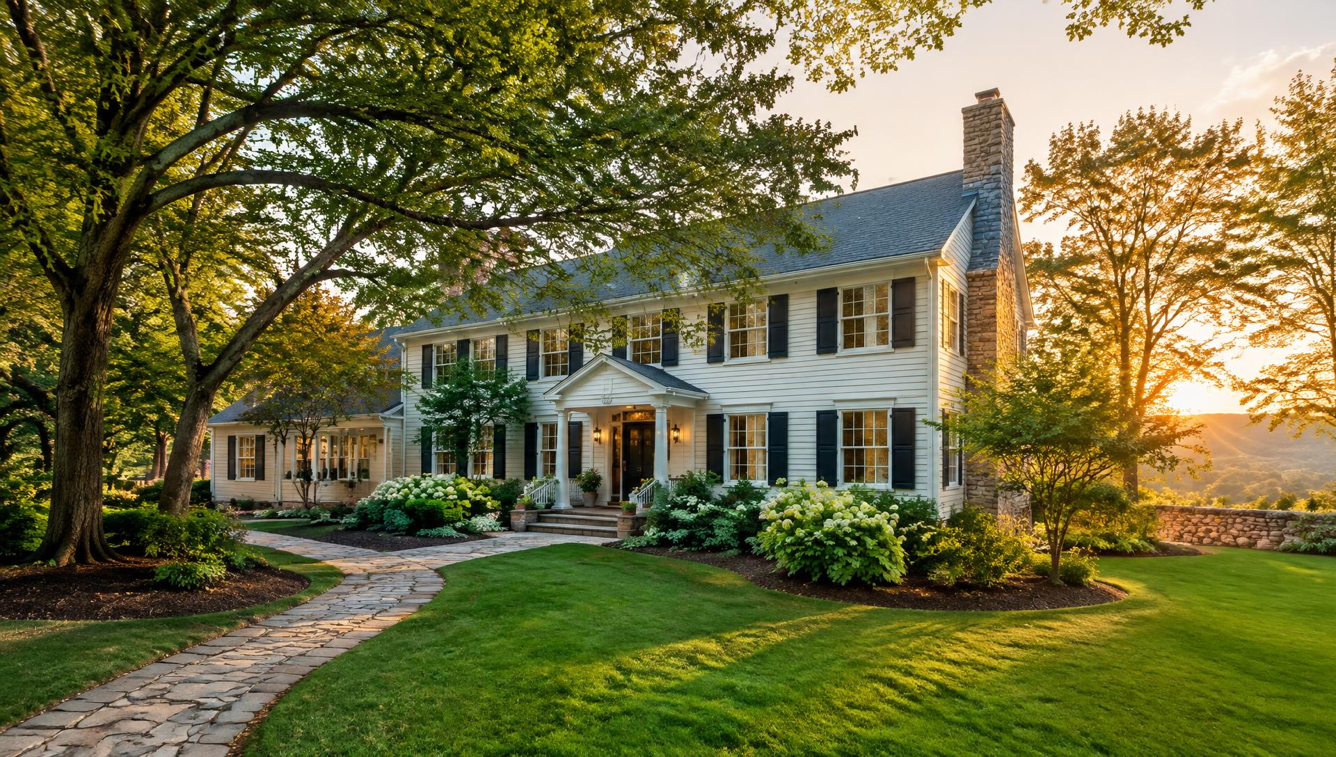 Landscaped colonial home with lush lawn, garden beds and stone walkway at golden hour