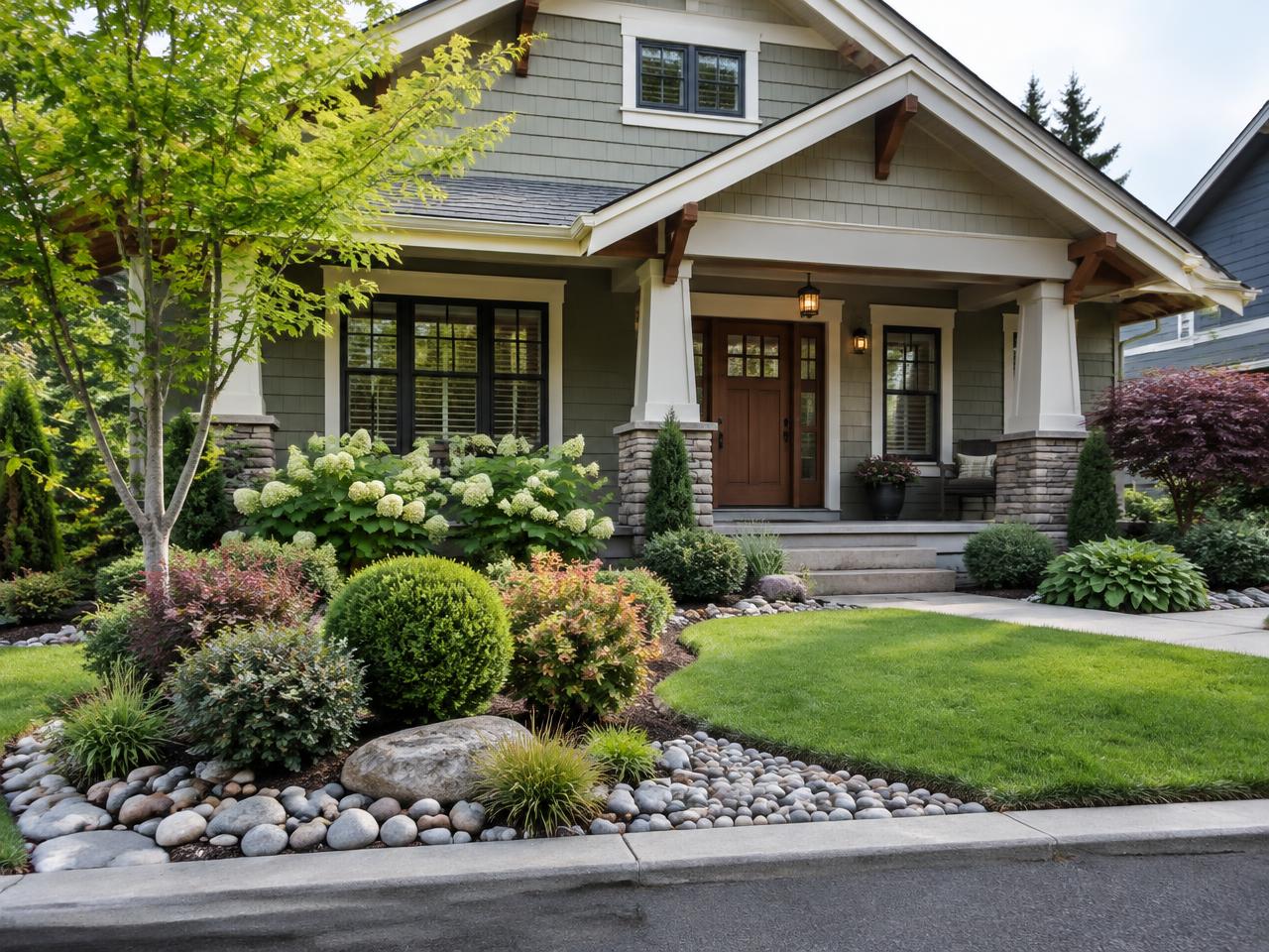 A transformed front yard featuring clean planting beds, decorative stone, and elegant landscaping.