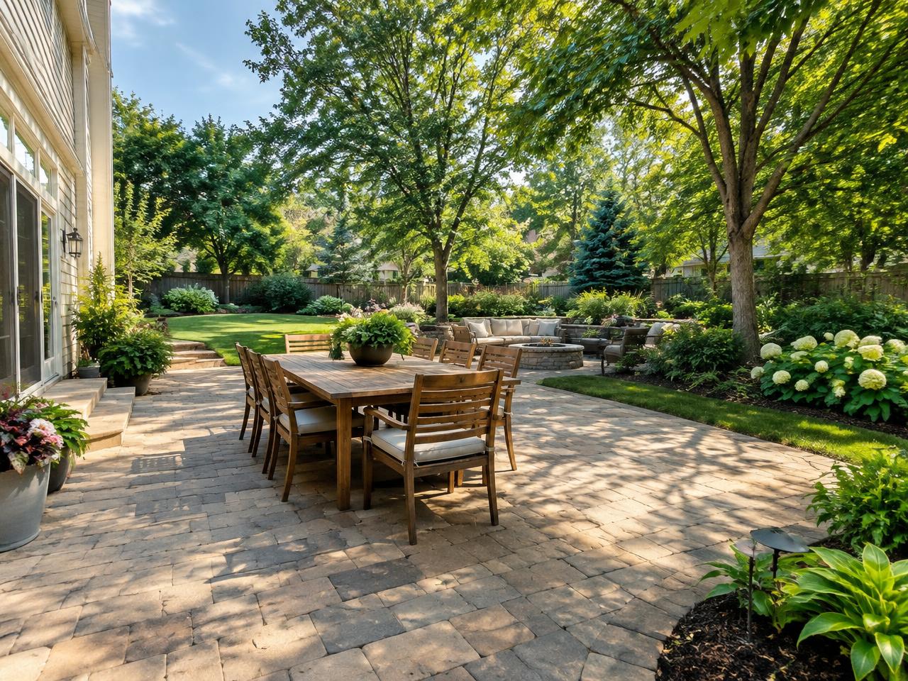 A cozy backyard featuring a spacious patio, lush landscaping, and comfortable outdoor seating.