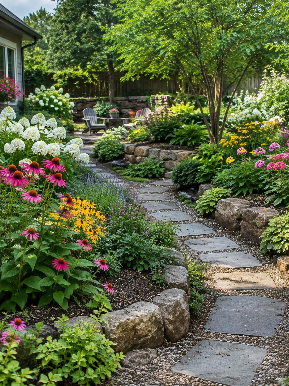 A lush residential garden with colorful plants, natural stone borders, and carefully arranged landscaping.