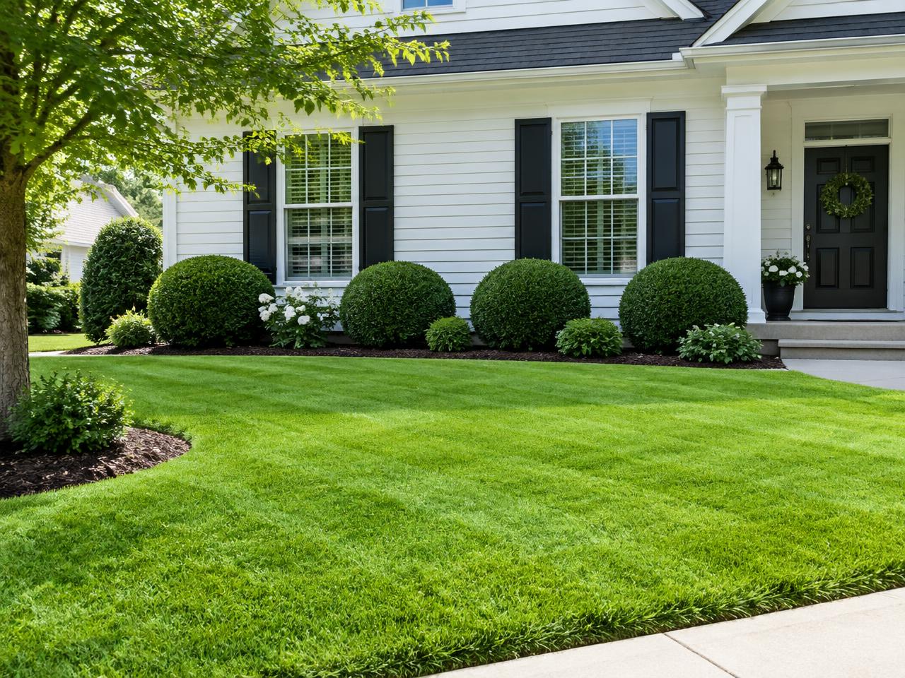 A pristine residential lawn with clean edging, healthy grass, and professionally maintained shrubs.