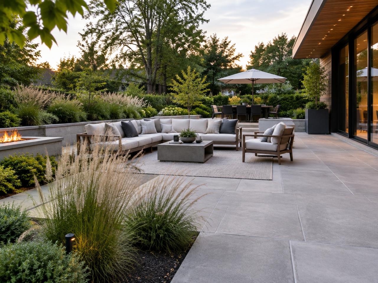 A modern backyard with a stone patio, outdoor seating, and professionally arranged greenery.