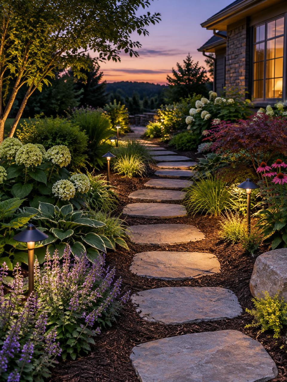 A beautiful stone walkway surrounded by decorative plants, garden beds, and landscape lighting.
